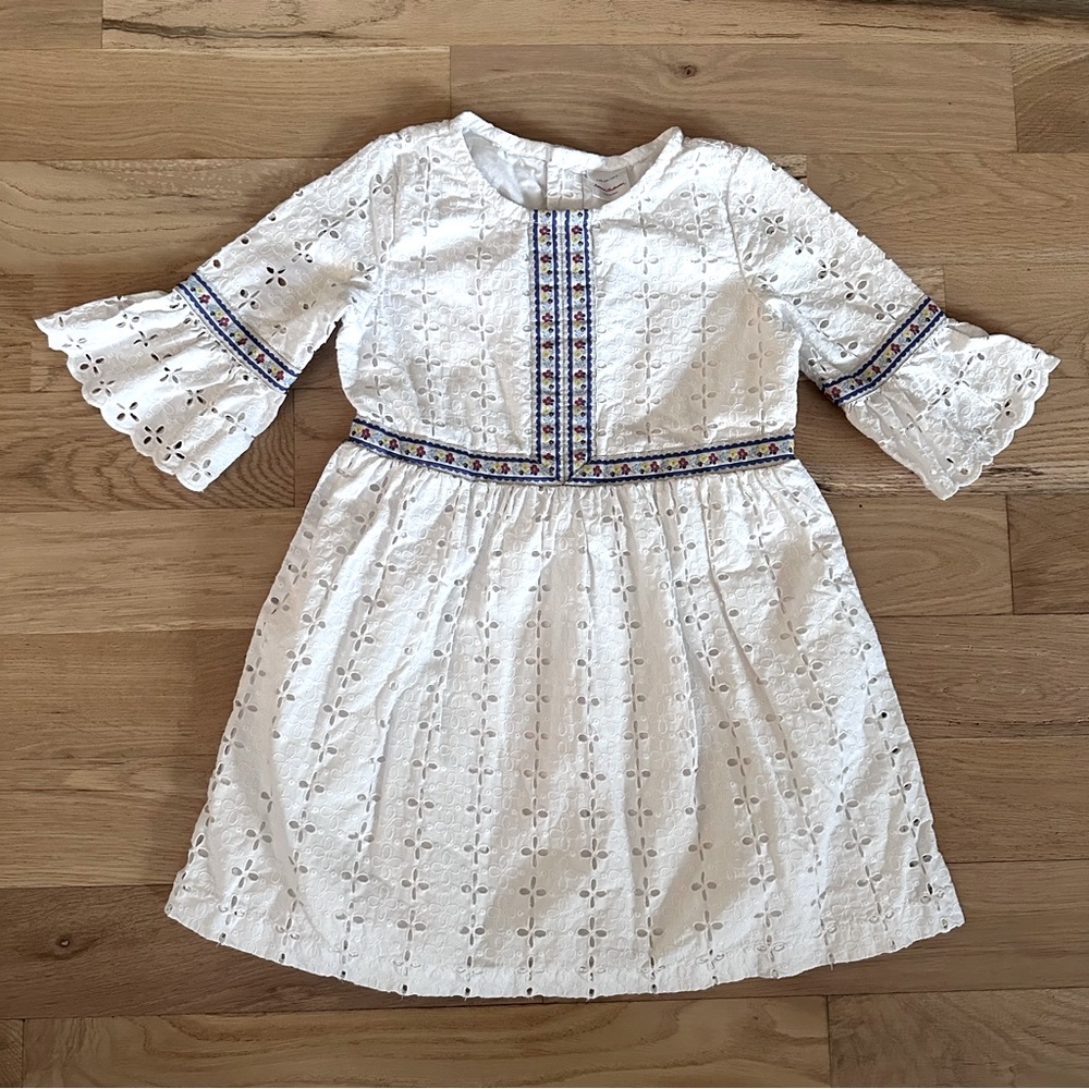 Hanna Andersson Girls Size 5 White Eyelet Lace 3/4 Sleeve Dress with Trim